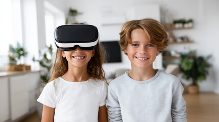Child using virtual reality headset for metaverse, child looking into VR glasses. Little girl boy with futuristic glasses having fun, teenager playing video games. Technology, simulator, oculus future