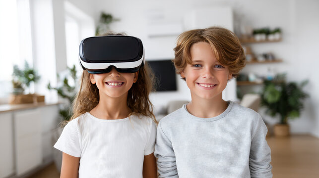 Child using virtual reality headset for metaverse, child looking into VR glasses. Little girl boy with futuristic glasses having fun, teenager playing video games. Technology, simulator, oculus future
