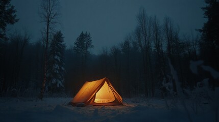 Illuminated Tent in a Snow-Covered Winter Forest at Dusk
