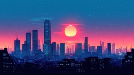 Vibrant Sunset Over City Skyline Featuring Modern Skyscrapers and Bright Color Palette in Digital Art Style