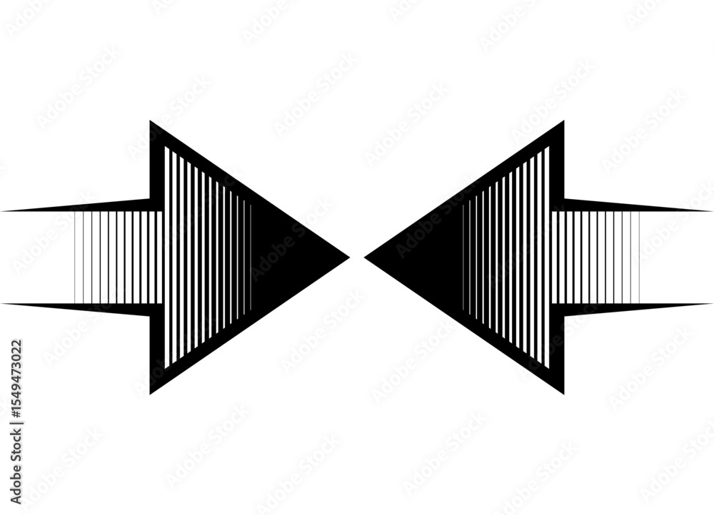 Poster pattern of two black striped arrows on a white background that converge in the center. navigation de