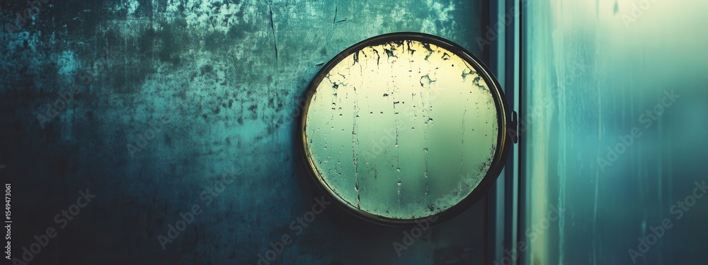 Poster round mirror on a misty wall with droplets of water in soft ambient light creating a calm and reflec