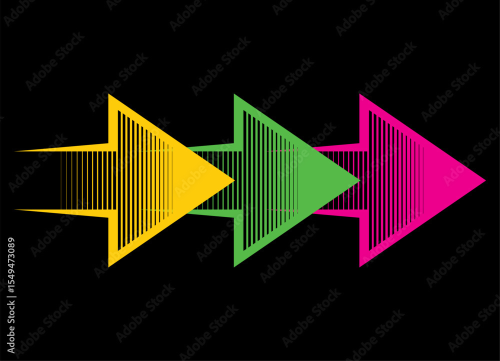 Aufkleber dynamic vector pattern of three striped colored arrows on a black background. design element for nav