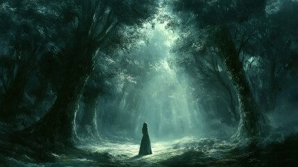 Fototapeta premium Solitary Figure Standing Silhouetted in an Ethereal Forest with Sunlight Beams