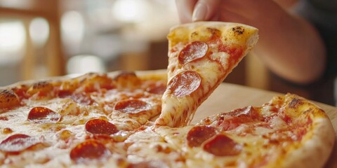 Person cutting a slice of pepperoni pizza from whole pie on a wooden board.