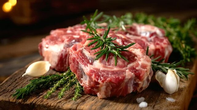 Close-up of freshly butchered cuts of beef, lamb, pork, and chicken arranged on a rustic wooden board with sprigs of rosemary, thyme, and whole garlic cloves