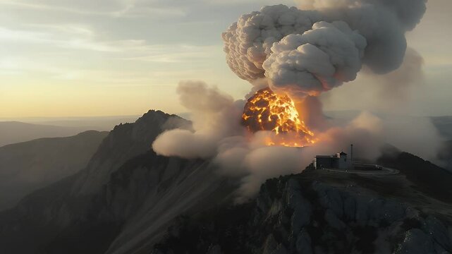 Explosion on rocky hillside during sunrise
