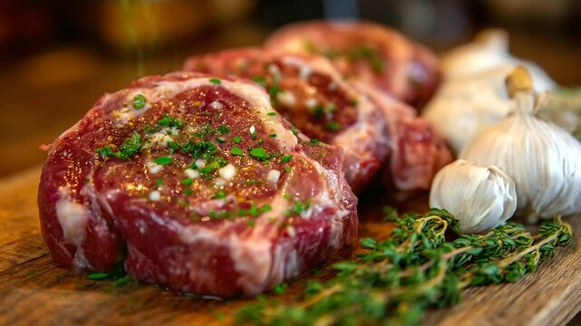 Raw beef steak, chicken leg, and lamb chop arranged side by side on a butcher's block, accented with garlic bulbs and vibrant green herbs, ready for seasoning and grilling