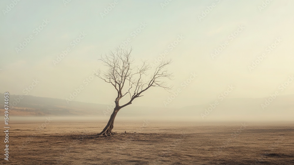 Poster solitary leafless tree standing in a foggy landscape at dawn with soft light and empty dry ground in