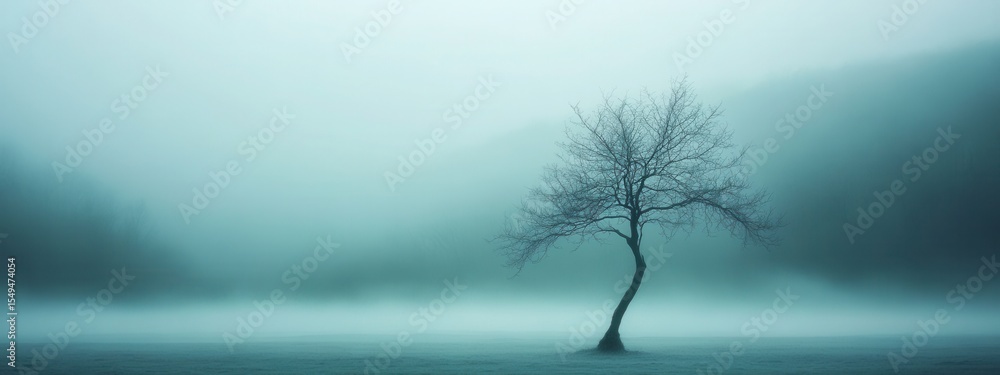 Poster solitary tree in a misty landscape surrounded by fog and soft mountains creating a serene and tranqu