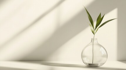 Minimalistic Glass Vase with Single Green Leaf on Table Against Soft Shadowed Wall Background in Natural Light Setting