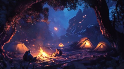 Campers Sit Beside Bonfire near Tents in Rocky Wilderness at Night