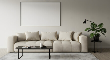 Beige sofa with mockup frame in minimalist living room isolated on white background