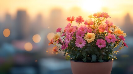 Delicate, multi-colored flowers in a pot, set against a dreamy, out-of-focus city skyline at sunrise, bathed in a warm, hazy golden light.
