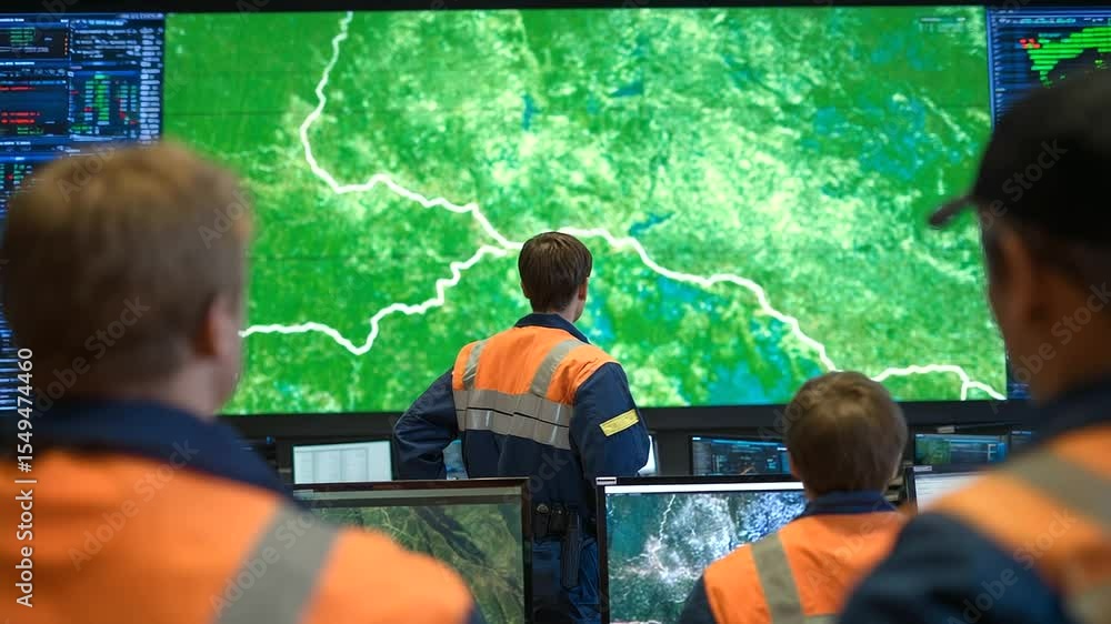 Aufkleber rescue workers in bright uniforms surround a massive digital display wall inside a high-tech emergen