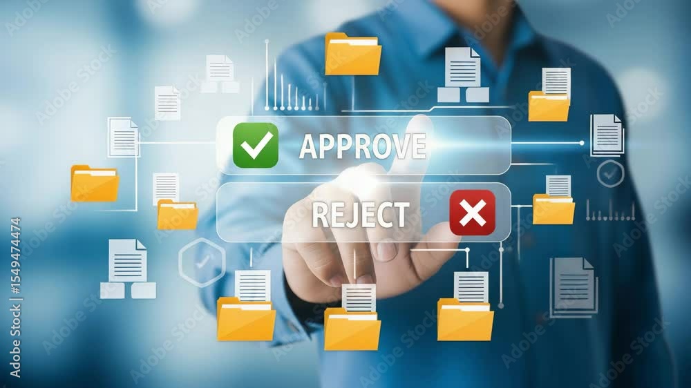 Poster a person selecting approve on a digital interface with documents and folders floating around it