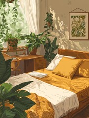Comfortable bed with a cozy yellow blanket, neatly made. Room decorated with vibrant plants.
