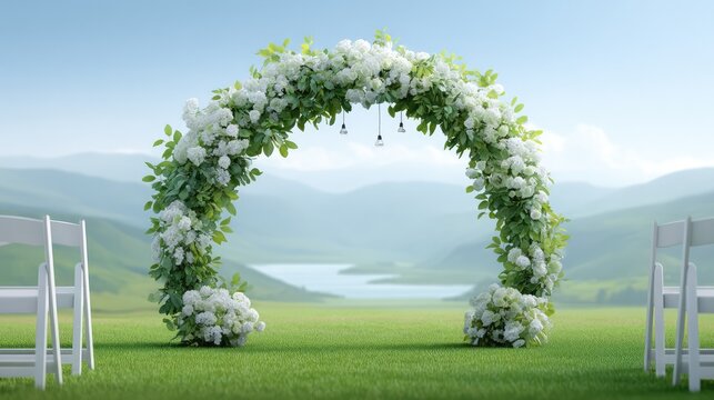 Beautiful Wedding Arch Adorned with White Flowers Surrounded by Lush Greenery Under Clear Blue Sky with Scenic Landscape and Tranquil Lake View in the Background