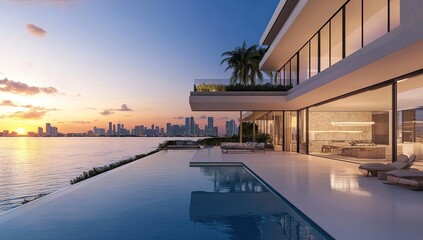 Fototapeta premium Modern waterfront mansion with infinity pool