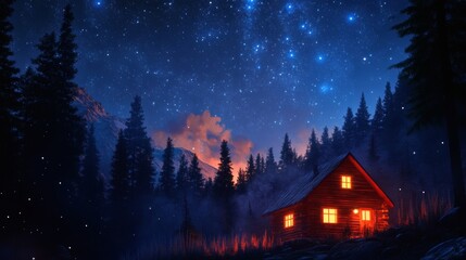 Fototapeta premium Cabin glows under starry night sky with forest and mountains