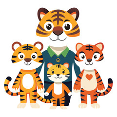 Cute Cartoon Tiger Family Mama Papa and Baby Tigers Orange Black Stripes Happy illustration