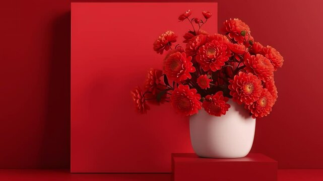 A vase of red flowers sits on a red background. The flowers are arranged in a way that draws the viewer's attention to the vase, creating a sense of balance and harmony