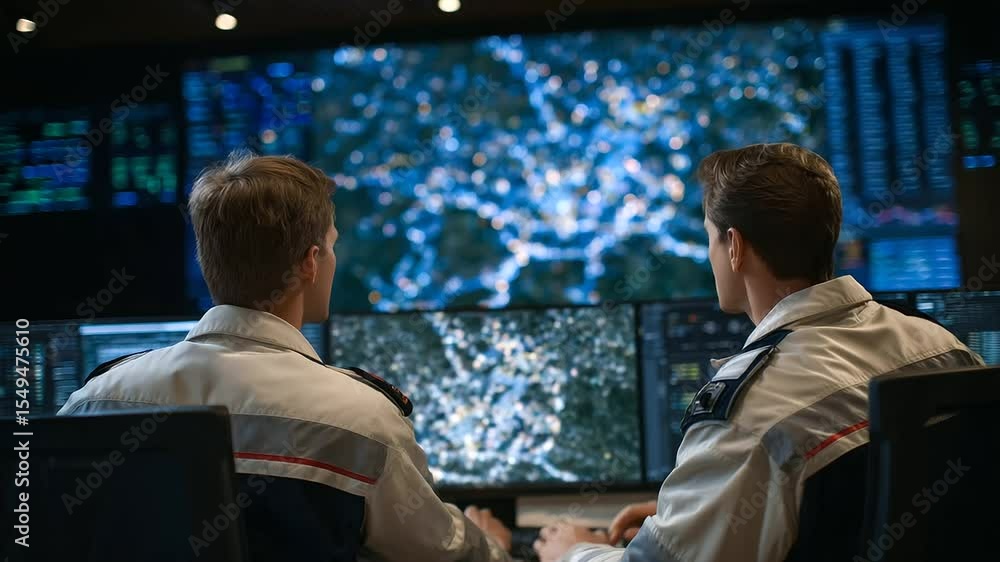 Aufkleber rescue coordinators in a high-tech command room, using digital dashboards and holographic maps to de