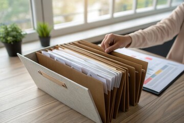 Person organizing paper documents in file folder on wooden office desk