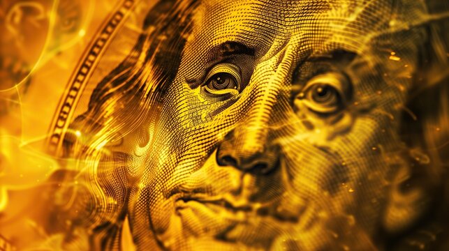 A close-up of a hundred dollar bill with gold highlights and flames of fire symbolizing the collapse of the dollar and the economy.