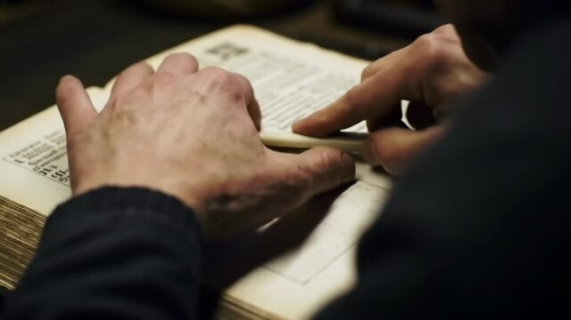 Hands restoring an old book with focused attention on details  