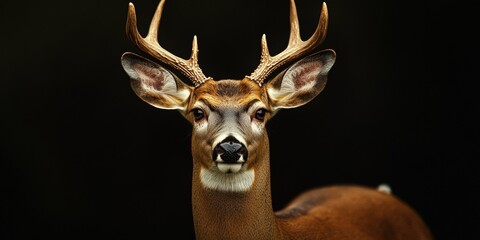 Close-up profile of deer with vivid lighting emphasizing its eyes, antlers and coat.