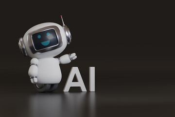 Cute happy robot with AI text on dark background with copy space. 3d illustration.