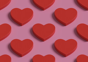 Seamless isometric pattern of red hearts. 3D illustration.