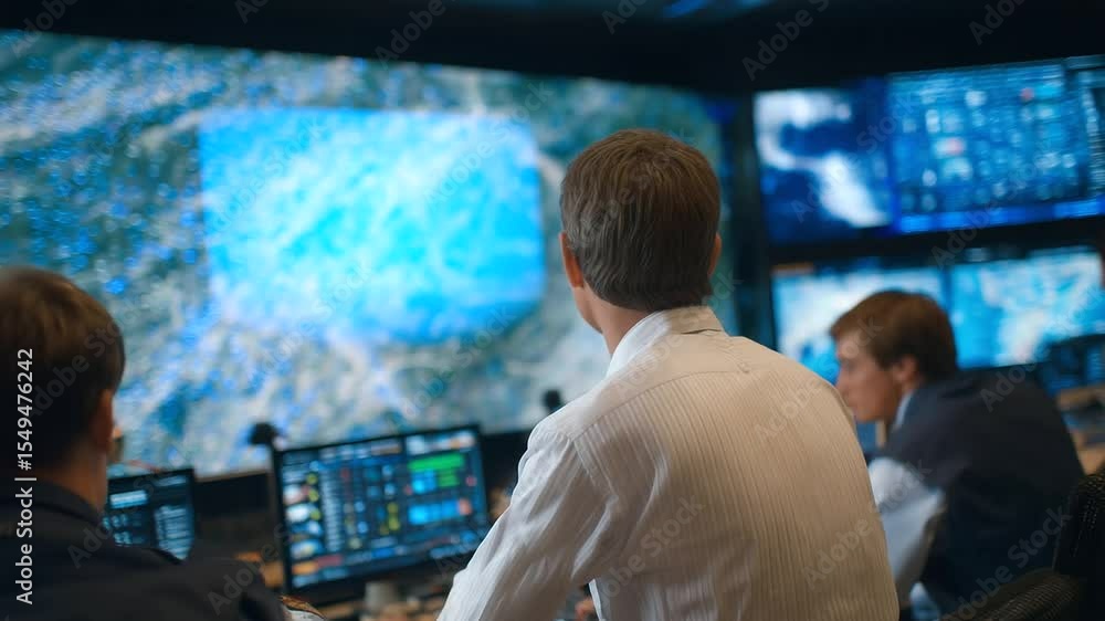 Poster live emergency situation room with rescue experts directing response efforts using wall-sized displa