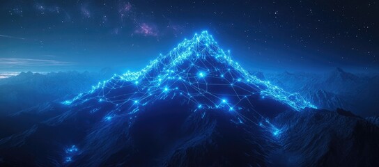 Mountain range at night, illuminated by a network of light