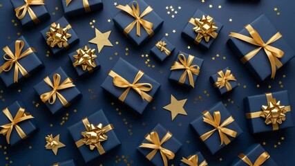 Arrangement of blue gift boxes with gold ribbons and star decorations on a blue background - Powered by Adobe