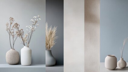 Muted tones, dried flowers, and vases