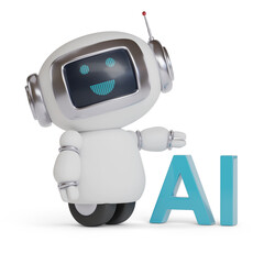 Cute happy robot with AI text isolated on white background. 3d illustration.