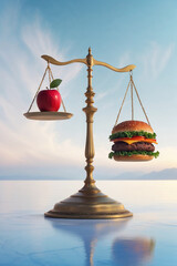 classic scales with bowls with apple and hamburger, food concept, digestion and healthy eating