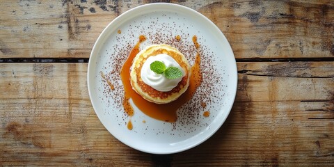 Tiny dessert with cream, whipped cream, and garnish on a white plate.