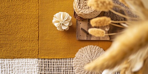 Wicker, linen, silk, and embroidery fabrics in a natural setting.