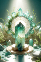small esoteric altar with green aquamarine healing gemstones, concept of spirituality and minerals