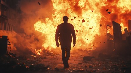 Obraz premium Silhouette of a Man Walking Away from a Building Engulfed in Flames