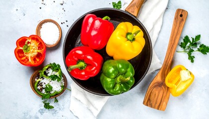 Vibrant Bell Peppers with Spices and Cooking Utensils