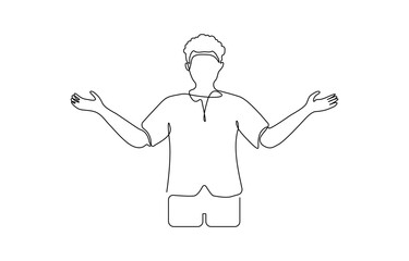 continuous line drawing of standing business man showing presentation gesture,  Cute Man One Line Hand Draw Simple Graphic Design Vector Illustration.