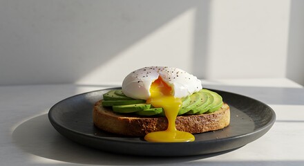 An ultra-realistic, high-resolution image of avocado toast topped with a perfectly poached egg, served on a matte black stoneware plate.