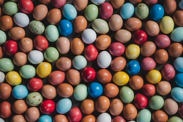 Colorful background of Easter eggs collection, festive Easter celebration food display