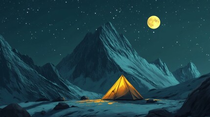 Camping Tent Glowing at Base of Snowy Mountain Range under Starry Night Sky with Full Moon
