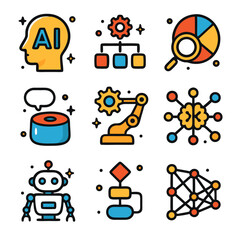 Technology ai nine colorful icons showing cuttingedge artificial intelligence suitable for web design, presentations, infographics, and techthemed projects.