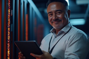 Businessman working with digital devices in server room